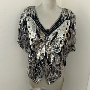 Iconic vintage butterfly top blouse black silver sequin silk India O/S